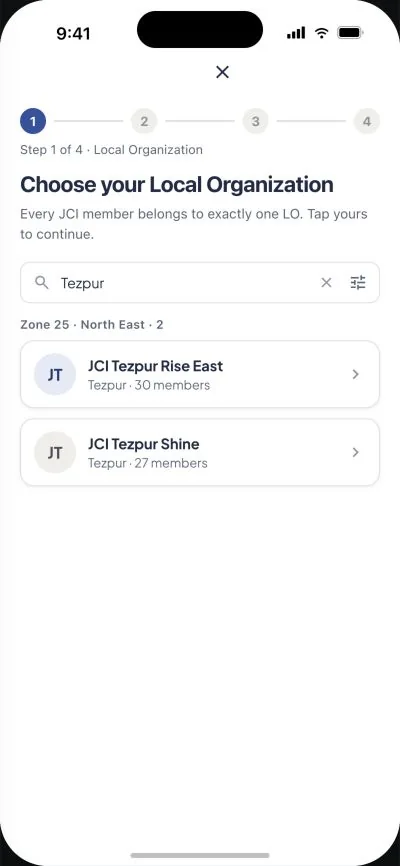 JCI joining flow showing the Local Organization search and selection.