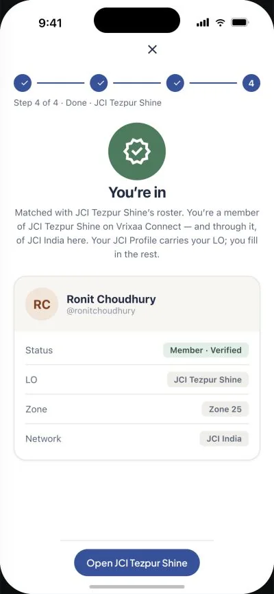 Successful JCI membership verification with an option to open the Local Organization.