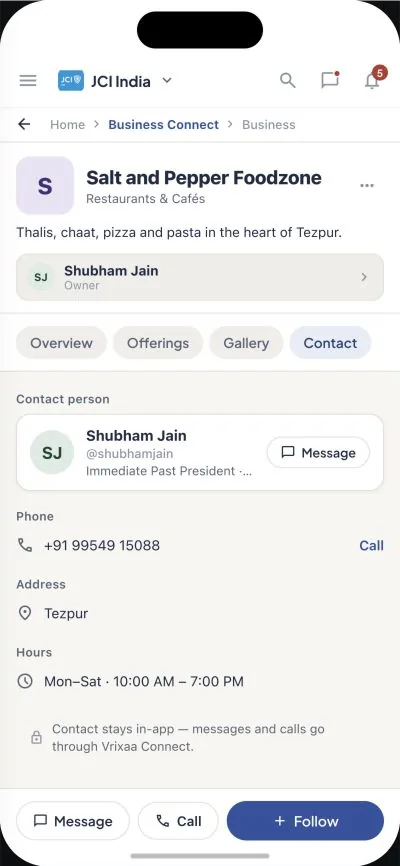 Business profile Contact tab showing the contact person and available contact actions.