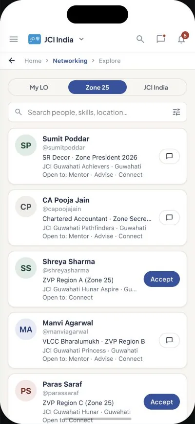 Networking Explore directory with member profiles and scope controls.