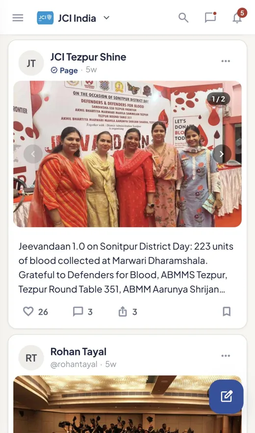 JCI community Feed with photos, updates and reactions.